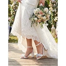 Women's Ivory Floral Ankle Strap Block Heel Sandals, Elegant Bridal Style Shoes for Garden Wedding