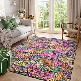 Floral Area Rug Colorful Flower Pattern Carpet for Living Room Bedroom Office Home Decor Non-Slip Easy to Clean Soft Durable