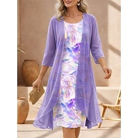 Damen Kleid-Set Shiftkleid Sommerkleid Elegant Blumen Grafik Geschichtet Druck Midikleid Dreiviertelarm Rundhalsausschnitt Täglich Urlaub Blau Rosa Purpur Somm