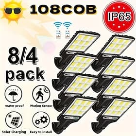 4/8 Packs Outdoor Solar Motion Sensor LED Wall Lights, 108 COB Beads, Remote Control, Garden, Yard, Garage, Pathway, Farm, Street Lighting, Waterproof Outdoor