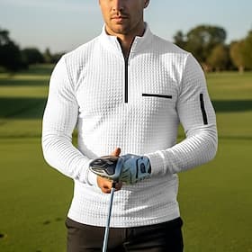 Men's Waffle Polo Shirts Pullover Casual Sports  Outdoor Quarter Zip Long Sleeve Fashion Comfortable Color Block Zip Up Pocket Spring Fall Spring   Fall Slim F