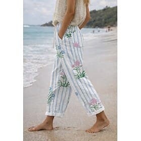 Women's Slacks Summer Pants Streetwear Casual Full Length Natural Floral Plain Striped Pocket Printing Elastic Drawstring Design Comfy Outdoor Daily Wear Going