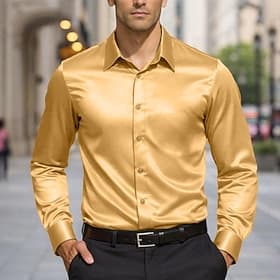 Men's Shirt Satin Shirt Dress Shirt Button Up Shirt Prom Shirt Solid Color Wedding Formal Black Wine Navy Blue Gold Long Sleeve Turndown All Seasons Clothing A