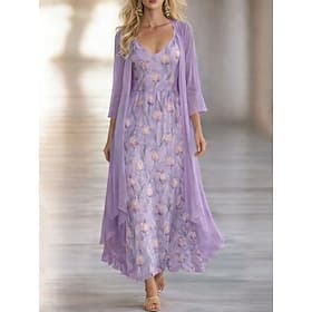 Women's Dress Set A Line Dress Elegant Vacation Floral Graphic Layered Print Maxi Dress 3/4 Length Sleeve V Neck Daily Vacation Blue Yellow Purple Summer Sprin