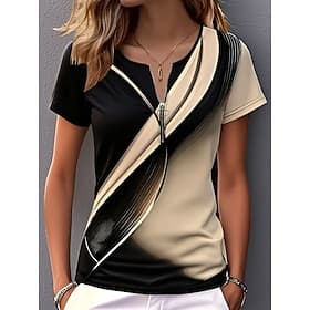 Damen T Shirt Farbblock Viertel Postleitzahl Grafik Geometrisch Abstrakt Tropisch Hawaiianisch Stilvoll Kurzarm Rundhalsausschnitt Normale Oberteile Strandhoch