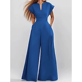 Women's Normal Jumpsuit Elegant Solid Color Short Sleeve Wide Leg V Neck Pocket Daily Vacation Regular Fit Blue Black Green Summer
