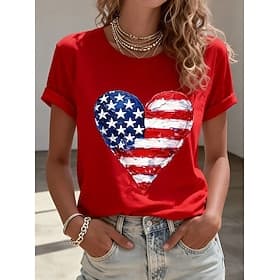 American Independence Day Women's T Shirt Print Graphic American Flag Vintage Stylish Classic Short Sleeve Crew Neck Regular Tops Daily Weekend Blue Black Whit