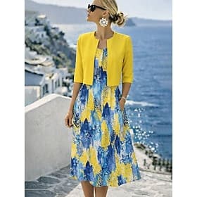 Women's Dress Set A Line Dress Elegant Vacation Floral Graphic Layered Print Midi Dress Half Sleeve Crew Neck Daily Yellow Pink Gray Summer Spring Regular Fit