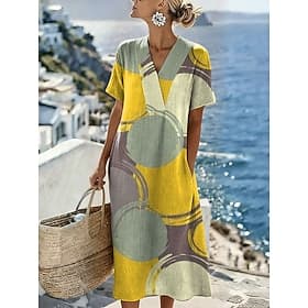 Per donna Abito Midi Vestito Casual Vestito Estivo Vacanza Casual Spiaggia Spiaggia Feste Vestibilità comoda Grafico Geometrico Manica Corta Scollo a V Giallo