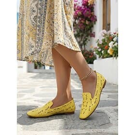 Women's Yellow Cutout Slip-On Loafers – Breathable Perforated Design, Vintage-Inspired Summer Resort Shoes for Travel, Garden Strolls, Cruise Trips  Casual Day