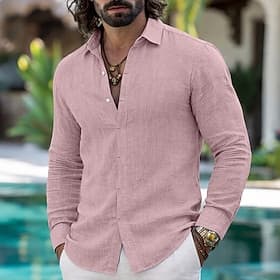 Men's Shirt Linen Shirt Summer Shirt Casual Shirt Beach Shirt Button Up Shirt Plain Casual Daily Black White Light Green Pink Long Sleeve Turndown Summer Sprin