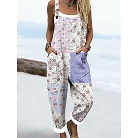 Women's Overall Active Floral Sleeveless Sleeveless Square Neck Pocket Print Daily Vacation Loose Fit Purple Summer