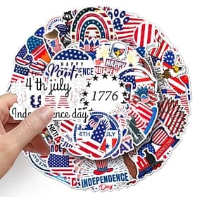 200 Pcs 4th of July Stickers, 4 Packs of 50 Patriotic Vinyl Waterproof Stickers for Water Bottles Laptop, Independence Day USA Flag Stickers for Kids Teens Adu