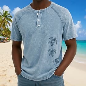 Men's Sea Turtle Washed Tee Henley Top Washed Shirt Short Sleeve Vintage Designer Casual Casual Daily Outdoor Summer Spring All Seasons Light Blue Purple Gray