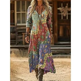 Women's Maxi long Dress Boho Dress Vintage Dress Casual Dress Vintage Daily Outdoor Vacation Regular Fit Floral Long Sleeve V Neck Blue Purple Green Gray Sprin