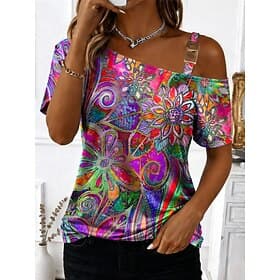 Women's T Shirt Tee Top Print Asymmetrical Graphic Abstract Vintage Fashion Stylish Short Sleeve One Shoulder Off Shoulder Asymmetric Neck Regular Tops Daily G