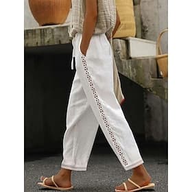 Women's Linen-feel Pants Chinos Summer Pants Straight Fashion Streetwear Casual Full Length High Waist Plain Lace Pocket Elastic Waistband Comfy Soft Comfortab