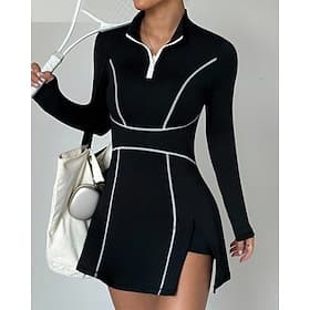 Women's Solid Colored Tennis Dress with Shorts Sports Dress Long Sleeve Zip Up Pocket Elastic Sweat-Wicking Breathable Tennis Running Fitness High Neck Dress T
