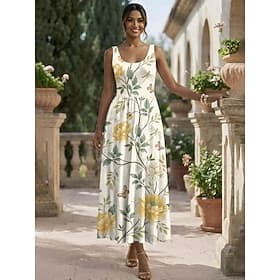 Women's Midi Dress Sundress A Line Dress Slip Dress Pleated Dress Vacation Casual Boho Beach Date Regular Fit Floral Graphic Sleeveless Scoop Neck Yellow Purpl