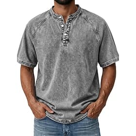 SoftFade™ Men's T Shirt Demin Shirt 100% Cotton Acid Wash Shirt Henley Top Short Sleeve Plain Vintage Streetwear Washed Raglan Sleeves Stand Collar Casual Home
