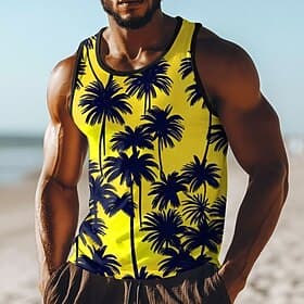 Men's Tank Top Vest Undershirt Sleeveless Shirt U Neck Summer Vibrant Yellow Black Palm Trees Graphic All Over Print Tropical Beach Vacation Fashion Street Cas