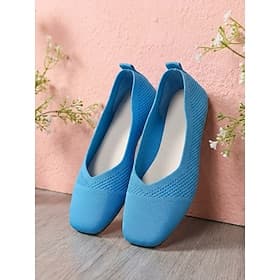 Women's Blue Ballet Flats - Lightweight Breathable Flyknit Slip-On Casual Comfort Shoes for Women, Stretch Fit Soft Walking Flats for Office, Travel, Shopping,