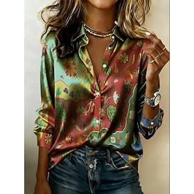 Women's Shirt Satin Shirt Print Floral Graphic Bohemia Vintage Classic Long Sleeve Shirt Collar Regular Tops Daily Holiday Going out Blue Yellow Pink Green Lig