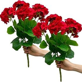 2pcs Red Artificial Begonia Flowers, Faux Geranium Silk Flowers, Fake Floral Stems for Wedding, Living Room, Home Decor