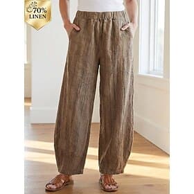 70% Linen Women's Linen Pants Chinos Summer Pants Bloomers Vacation Streetwear Basic Full Length Medium Waist Plain Pocket Elastic Waistband Comfy Inelastic Da
