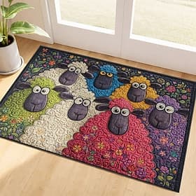 Faux-Embroidered Sheep Doormat Six Colorful Woolly Sheep in Floral Wonderland Welcome Mat