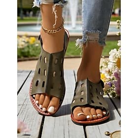 Women's Army Green Perforated Open-Toe Sandals - Breathable Cut-Out Design, Lightweight Casual Shoes for Summer, Travel, Outdoor Leisure  Daily Wear