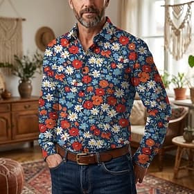 Retro vintage Jaren '70 Hemd Aloha-shirt Lange Mouwen Hippie Bloemig Kostuum Voor heren Maskerade muziekfestival Feest Alledaagse kleding Volwassenen Hemd