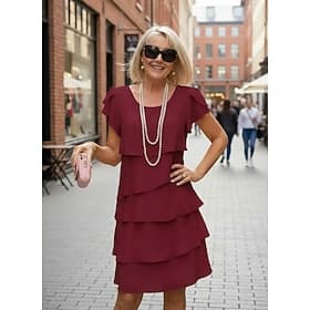 Women's Mini Dress Cocktail Dress Wedding Guest Dress Chiffon Dress Tiered Dress Elegant Evening Party Date Going out Regular Fit Pure Color Short Sleeve Crew thumbnail 3