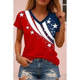 American Independence Day Women's T Shirt Print Graphic Flag Vintage Stylish Classic Short Sleeve V Neck Regular Tops Daily Rust Red Black White Red Summer Spr