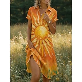 Women's Knee Length Dress Casual Dress Print Dress Vintage Classic Outdoor Vacation Going out Regular Fit Sun Short Sleeve Shirt Collar Red Orange Summer Sprin