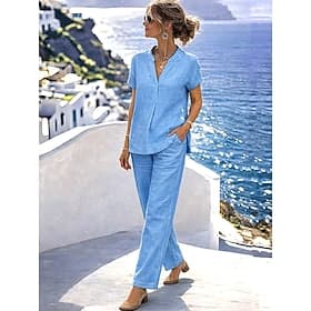 Femmes Ensemble effet lin Ensembles de Pantalons boléro Manche Courte Col en V Couleur Unie Mode Streetwear Occasionnel Quotidien Extérieur Bleu Blanche Bleu M