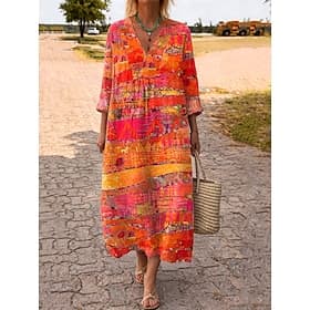 Vestido midi de mujer con escote en V de manga larga kaftán ligero corte holgado vestido en A casual bohemio para salir gráfico geométrico de rayas manga larga thumbnail 3
