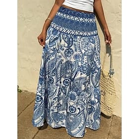 Women's Vacation Skirt Bohemia Vintage Casual Maxi High Waist Skirts Floral Print Micro-elastic Daily Street Blue Summer