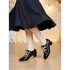 Women's Black Patent Leather Lace-Up Dance Shoes - Comfortable Professional Dance Heels