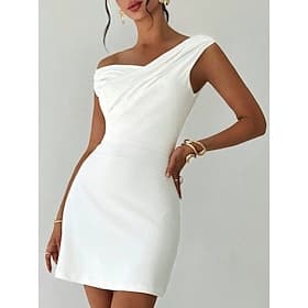 Damen Minikleid Etui-Kleid Elegant Party Cocktail Outdoor Party Hochzeitsgast Gerafft Normale Passform Einfarbig Ärmellos Schulterfrei Weiß