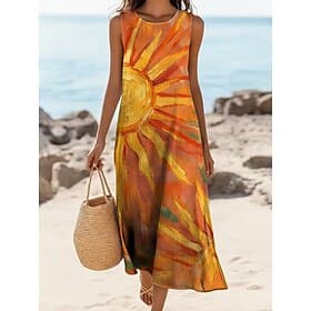 Women's Midi Dress Faux Cotton Linen Shift Dress Sundress Casual Dress Vintage Daily Outdoor Vacation Regular Fit Floral Sleeveless Crew Neck Orange Summer Spr