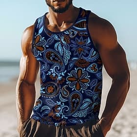 Men's Tank Top Vest Undershirt Sleeveless Shirt U Neck Summer Navy Blue Paisley All Over Print Ethnic Floral Bohemian Beach Vacation Fashion Street Casual Spor