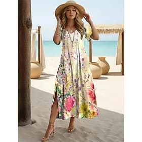 Women's Maxi long Dress Casual Dress A Line Dress Print Dress Fashion Modern Outdoor Vacation Weekend Regular Fit Floral Graphic Short Sleeve V Neck Beige Summ