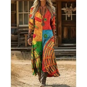 Women's Midi Dress Vintage Dress Casual Dress Vintage Daily Outdoor Vacation Regular Fit Abstract Graffiti Long Sleeve V Neck Orange Spring Fall Autumn