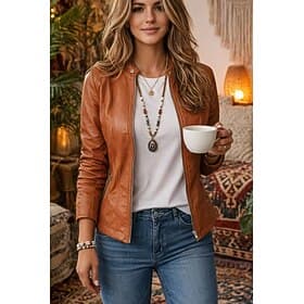 Women's Faux Leather Jacket Casual Jacket Comfortable Breathable Zipper Casual Plain Casual Vacation Street Daily Wear Zipper Short Stand Collar Regular Fit Lo
