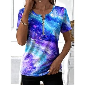 Women's T Shirt Zipper Quarter Zip Graphic Geometric Abstract Vintage Tropical Hawaiian Short Sleeve Crew Neck Regular Tops Beach Wedding Daily Sports Blue Sum