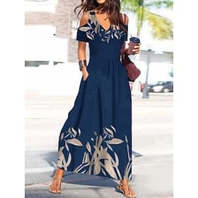Women's Maxi Dress Beach Dress Casual Dress Floral Dress Elegant Fashion Modern Outdoor Vacation Going out Regular Fit Floral Short Sleeve V Neck Black Yellow