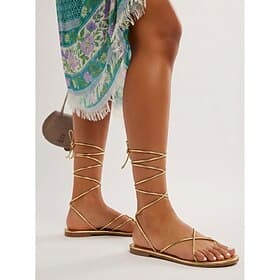 Women's Gold Metallic Lace-Up Sandals - Elegant Flat Gladiator Strappy Shoes for Outdoor Resorts, Tropical Island Vacations  Summer Beach Parties