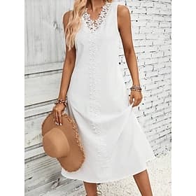 Women's Midi Dress White Lace Dress Elegant Fashion Modern Outdoor Vacation Going out Regular Fit Plain Sleeveless V Neck Black White Summer Spring