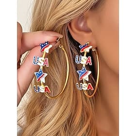 United States 250th Anniversary Women's Alloy USA Themed Hoop Earrings, Red, White  Blue Stars, Perfect for USA, Independence Day  Casual Daily Wear